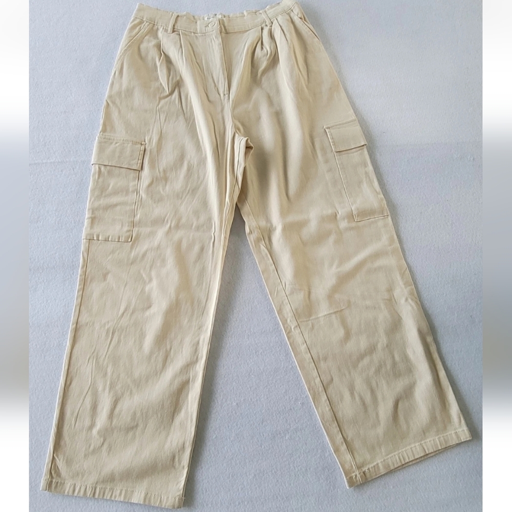 Hunter & Brown Cargo Pants Women's Large Khaki High Waist Cotton Casual Wide Leg